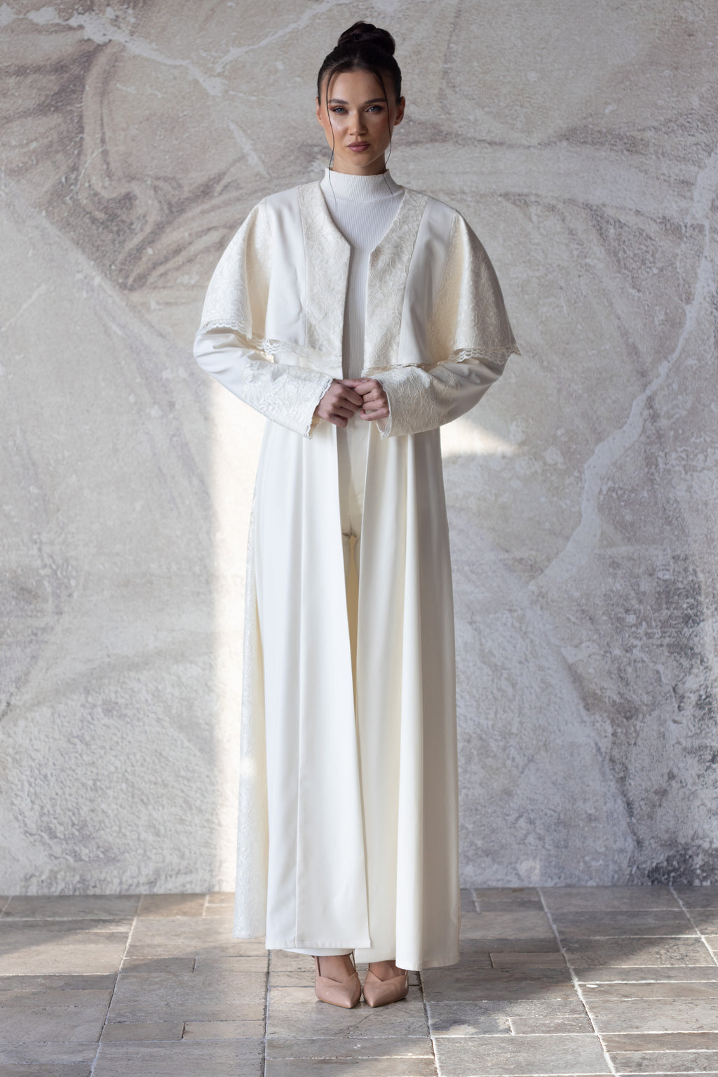 Cream Lace Abaya with Vest Detail