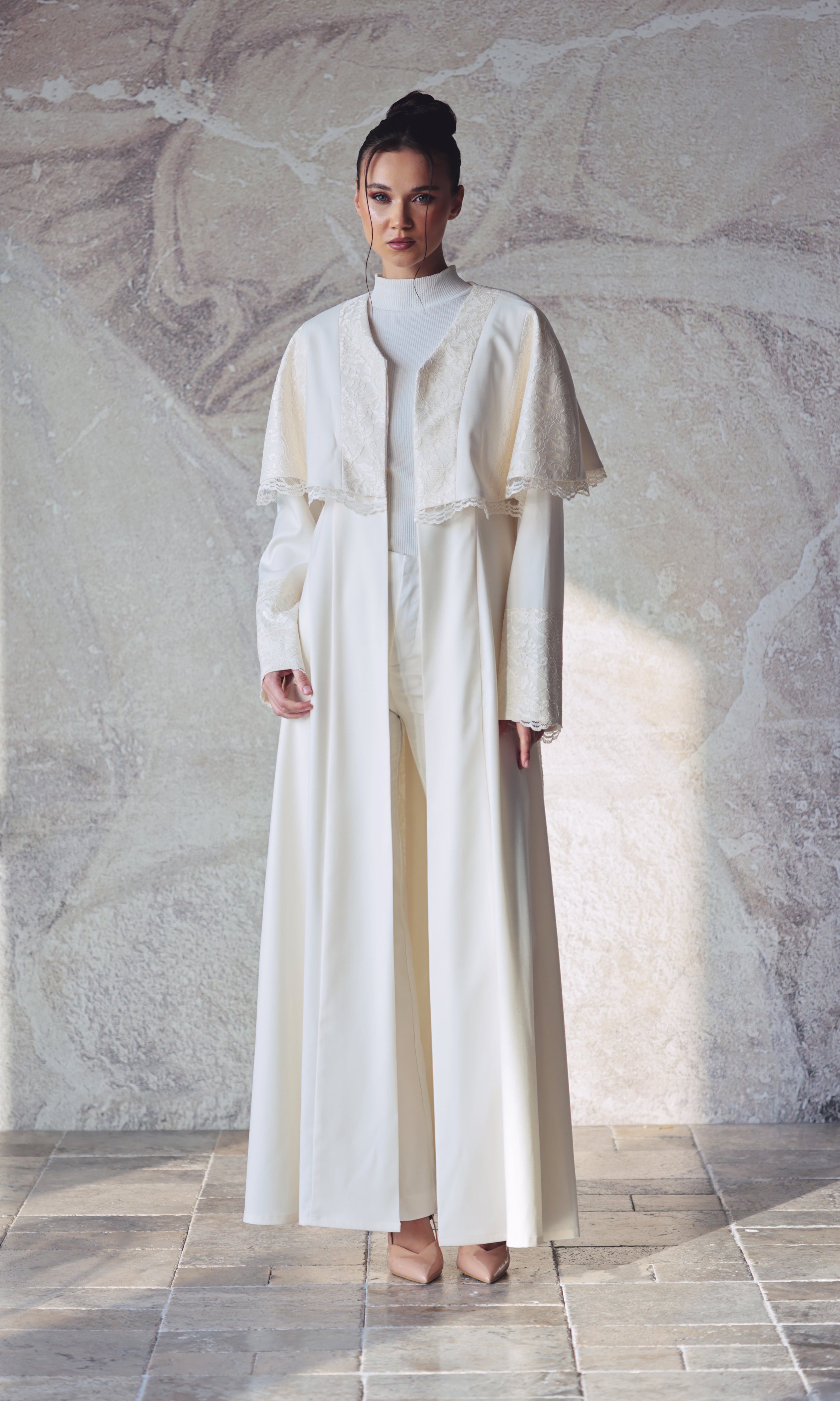 Cream Lace Abaya with Vest Detail