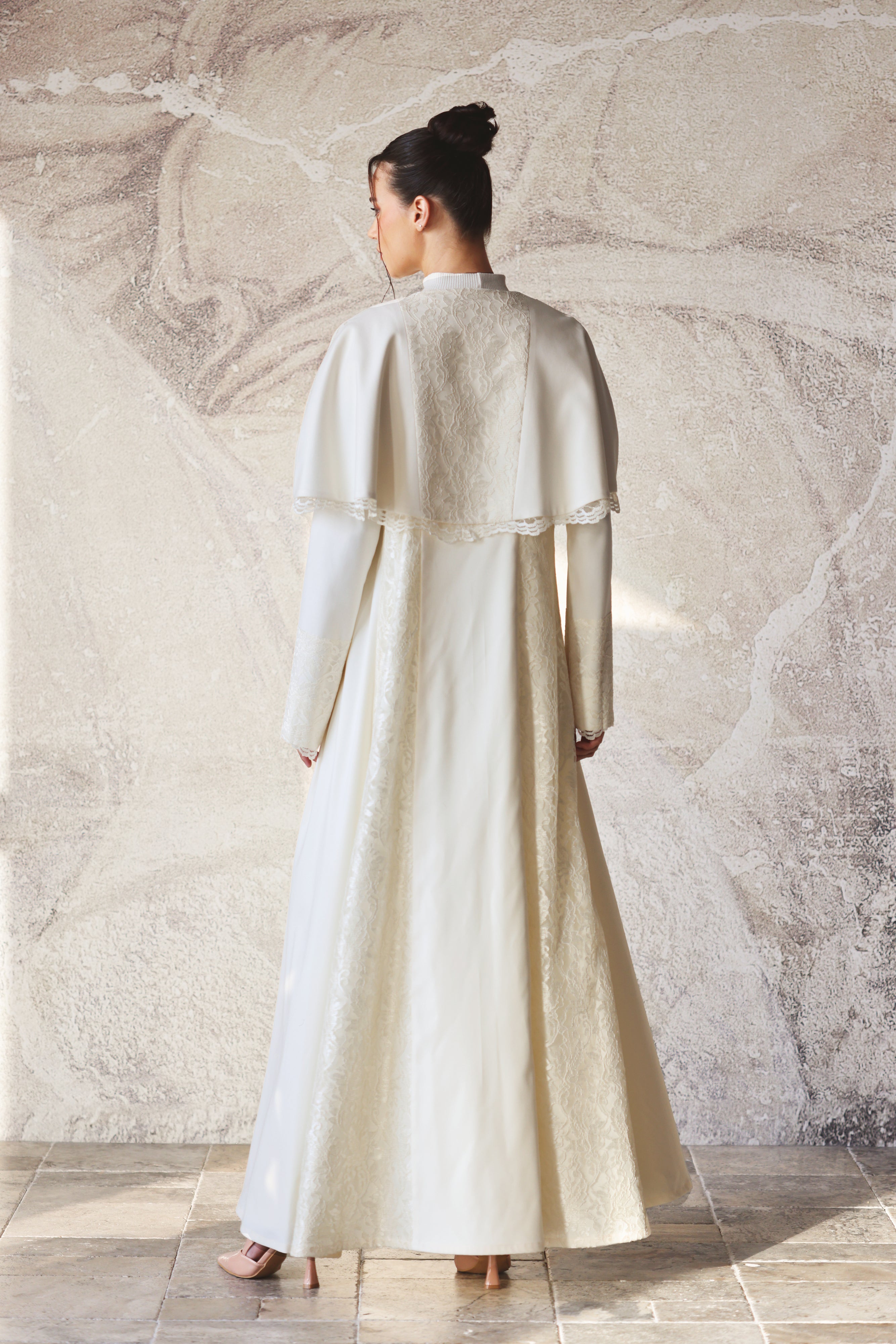 Cream Lace Abaya with Vest Detail